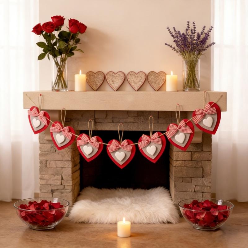 6Pcs Valentine's Day Heart Shape Ornament Felted Cloth Heart Pendants for Mantels Wall Window Door Tree Display