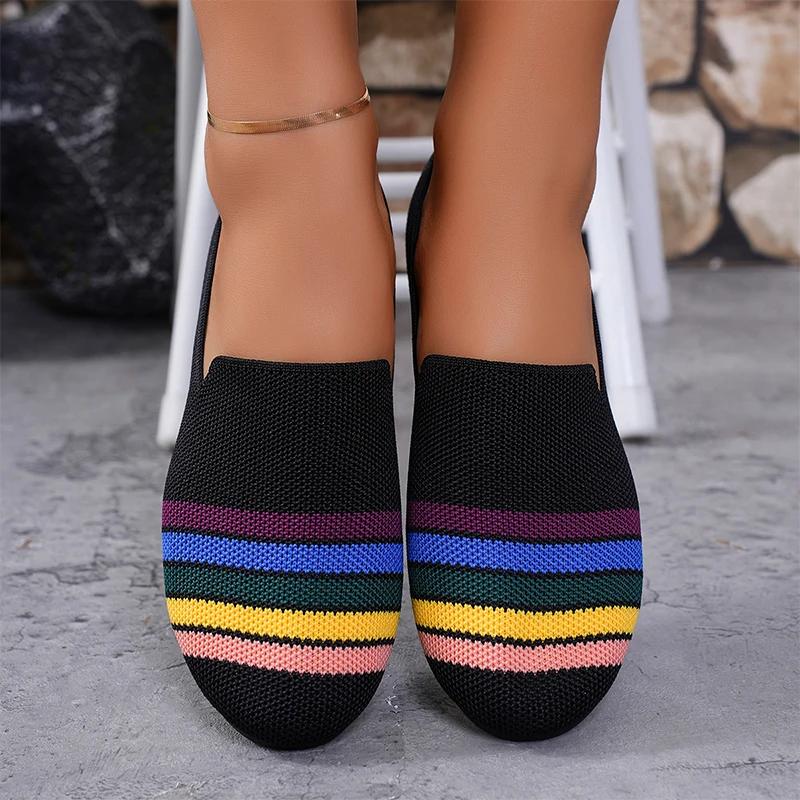 

Модные женские трикотажные туфли на плоской подошве, лоферы, обувь, модная спортивная обувь осени 2024 года, новые повседневные кроссовки для бега, удобные трендовые туфли для прогулок Mujer Zapatos 43 чёрный