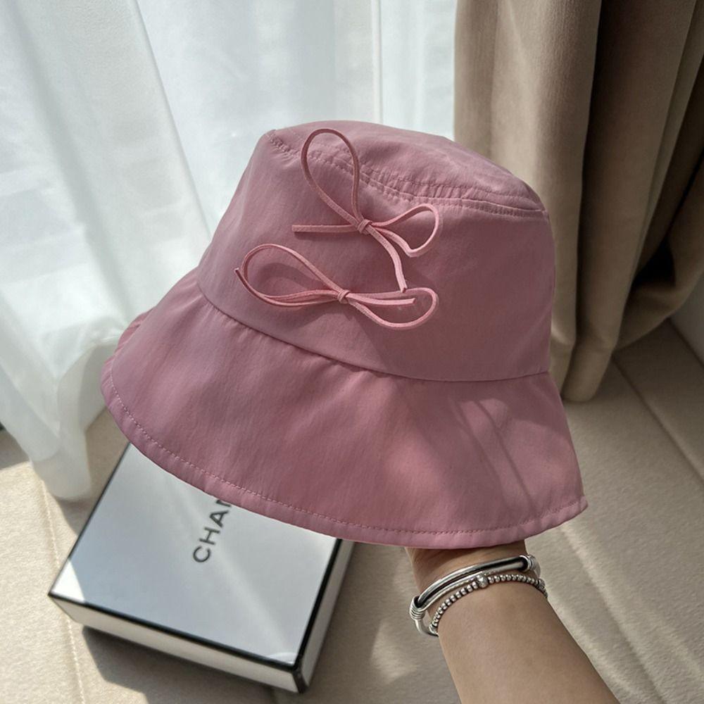 Solid Color Bow Bucket Hat Sunscreen Canvas Basin Hat Travel Bowknot Fisherman Hat  Famale