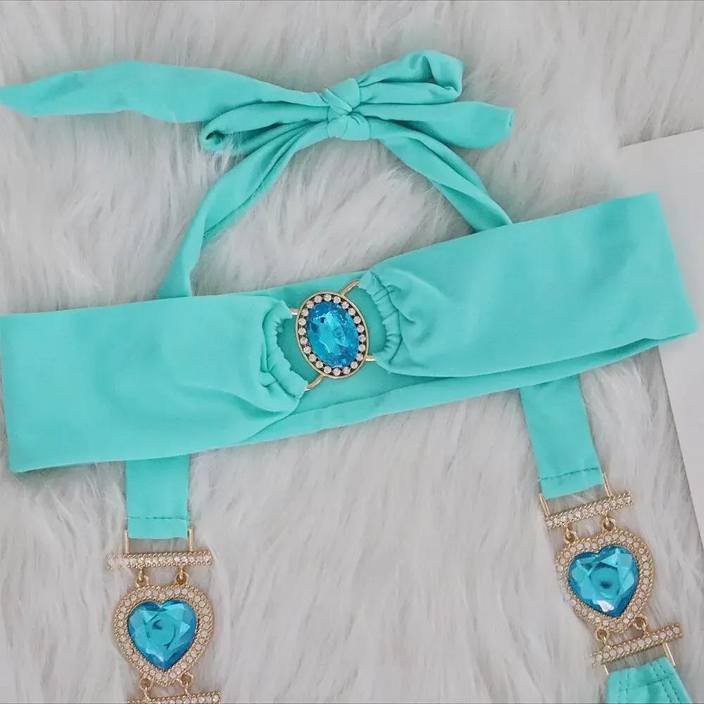 Diamond Thong Swimwear Metal Chain Bathing Suit Band 3 Piece Swimsuit Sexy Rhinestones Bikini 2024 Mujer Women Solid Red Glitter