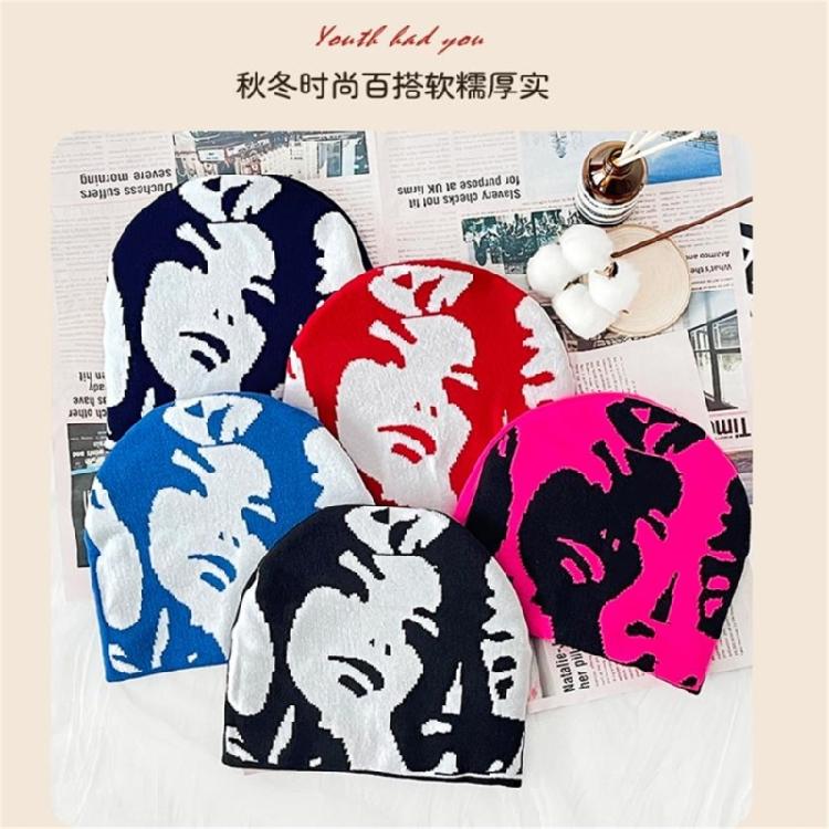 Teen Knitted Beanies Hat Elastic Ear Protector Hat Human Portrait Pattern Hat Adult Winter Cycling Skiing Beanies