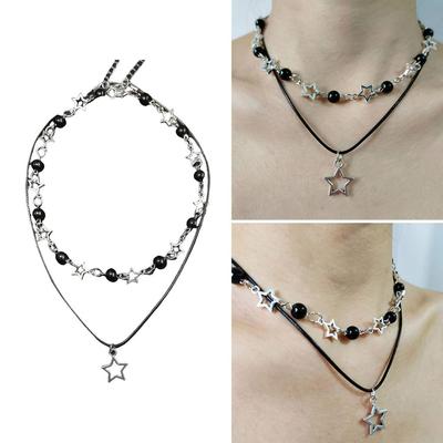 Hollow Pentagrams Pendant Necklace with Black Bead Double Layered Neckchain Adjustable Choker Accessory for Girls