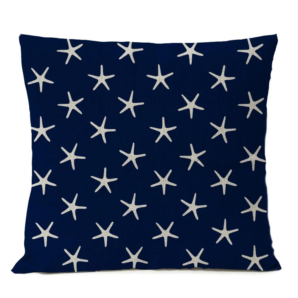 Home Decorative Navigation Blue Compass Anchor Pillow Cover Nautical Shell Fish Linen Pillow Case Mediterranean Cushion Cover
