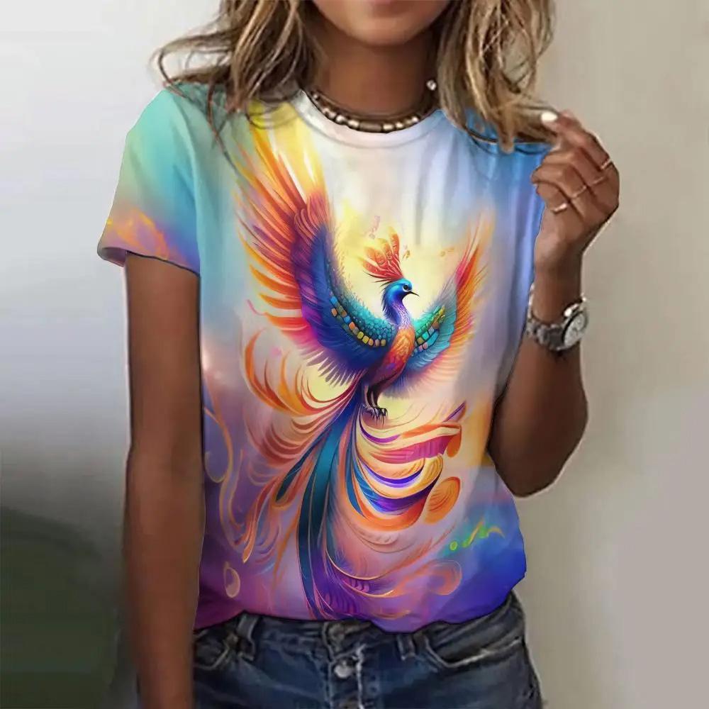 

Летняя женская футболка с модным узором «Феникс», топ с короткими рукавами, свободный топ с круглым вырезом, женская футболка для вечеринок 4XL