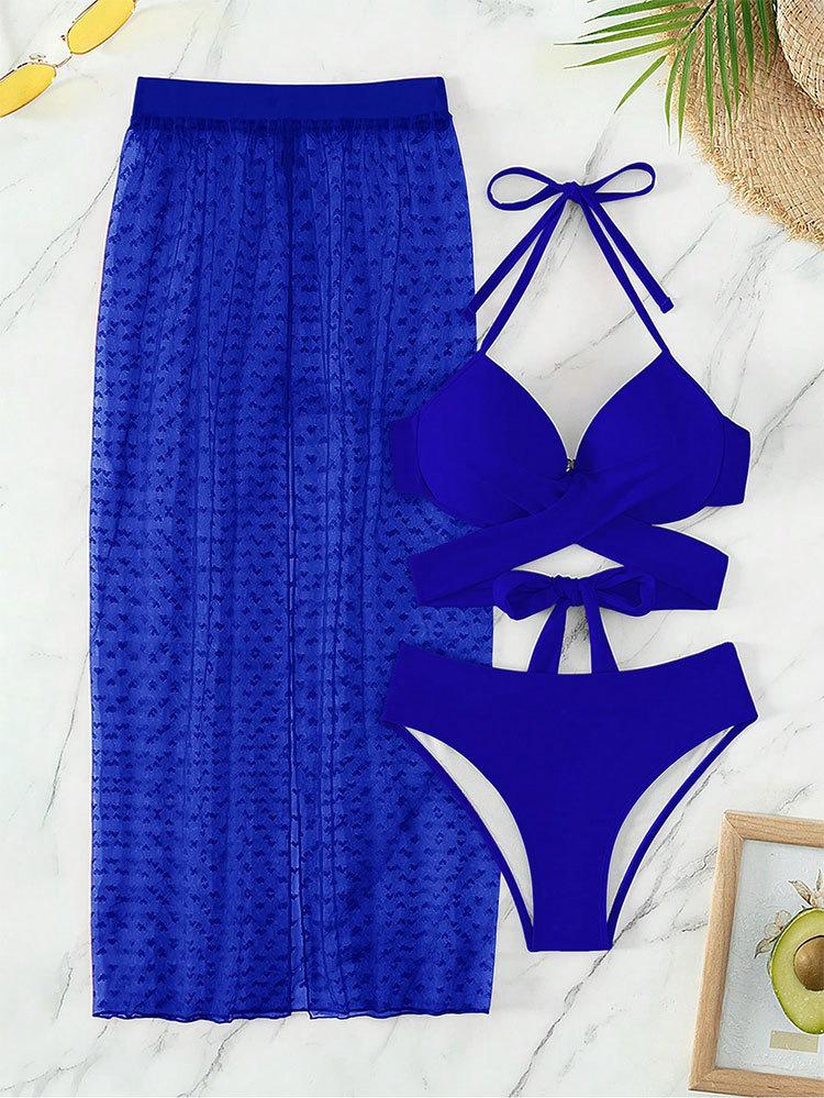 Women Solid Sexy Mesh Three Piece Bikini Swimsuit Beach Swimwear