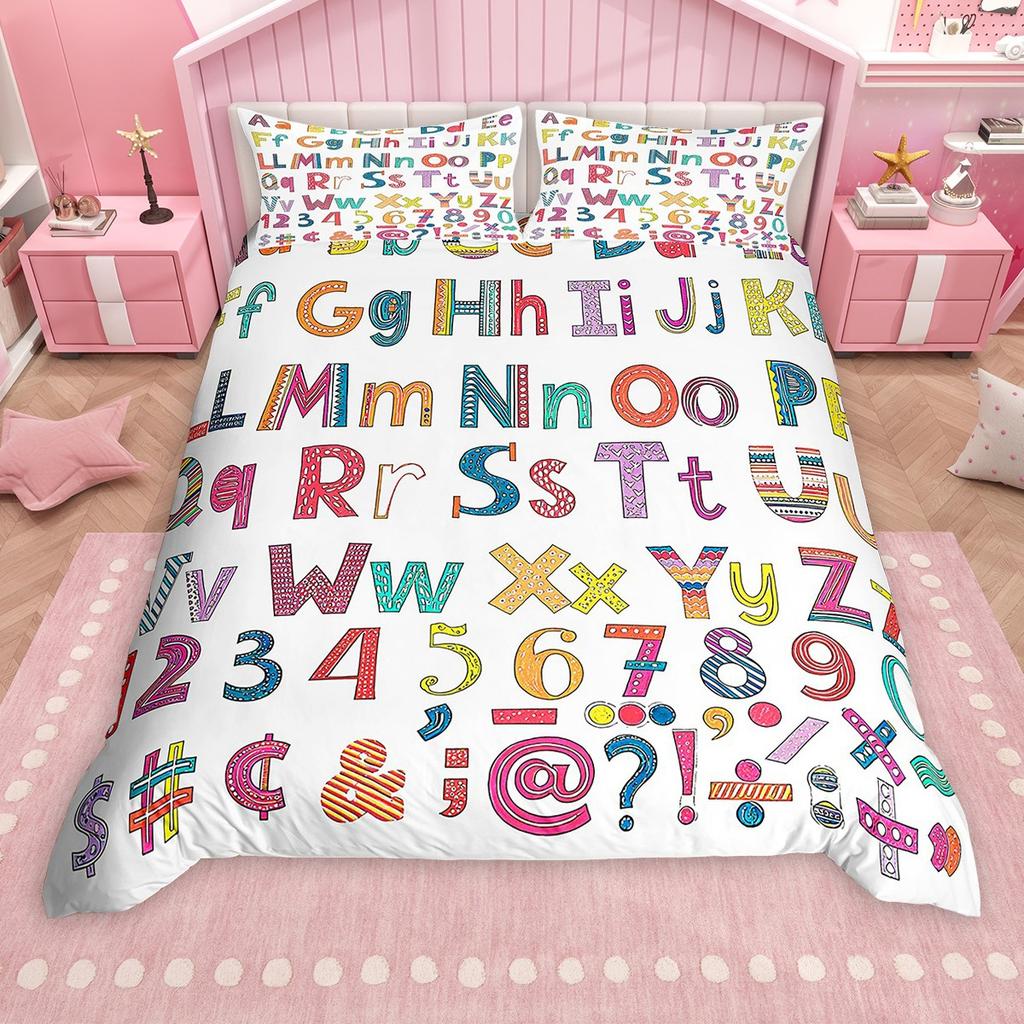 Homewish Cartoon Alphabet Duvet Cover Set For Kids Children Colorful Digital Table Comforter Cover Set School Theme Bed Set