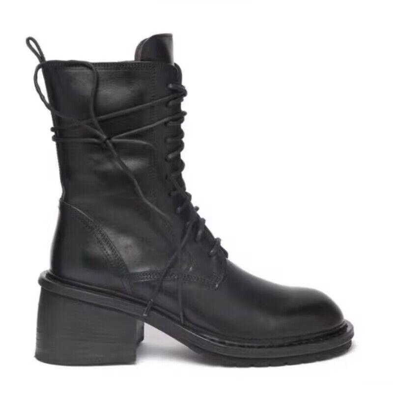 Ann Locomotive Martin Boots Female New Student Versatile Medium Boots Thick Heel Leather Single Boots