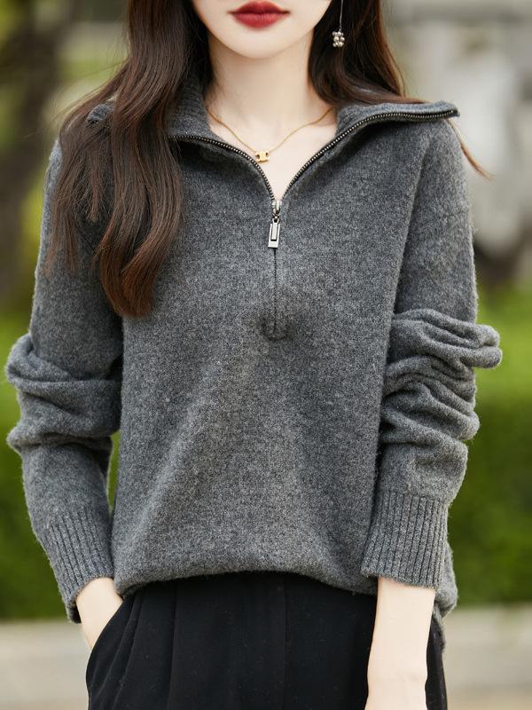 Women's Half-High Neck Wool Sweater: Thickened, Soft, Pure Color Pullover with Half-Zip for Autumn/Winter