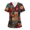 Damen V-Ausschnitt Drei-Taschen Kurzarm Retro-Print Uniform/Pflegekraft Oberteil Mit Schlitzen Am Saum