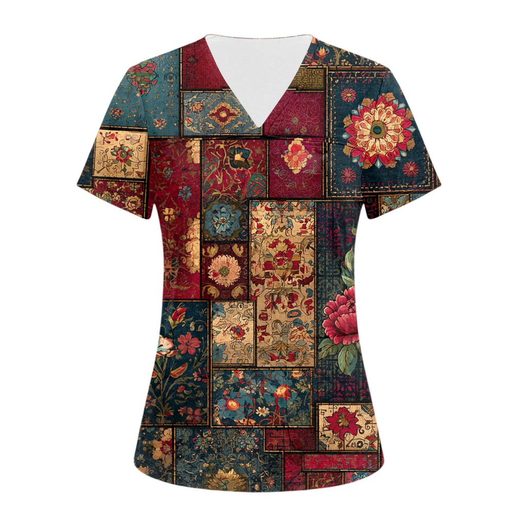 Damen V-Ausschnitt Drei-Taschen Kurzarm Retro-Print Uniform/Pflegekraft Oberteil Mit Schlitzen Am Saum