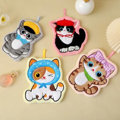 Durable Cute Cat Hand Towel Soft Coral Fleece Bathroom Kerchief Hanging Style Thickened Washcloth