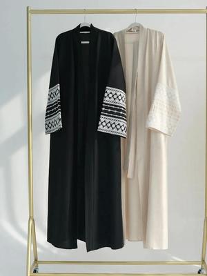 Fashion Embroidery Kimono Oversized Muslim Robe Syari Female Full Length Muslim Outerwear Worship Service Abaya With Belt Wy1946