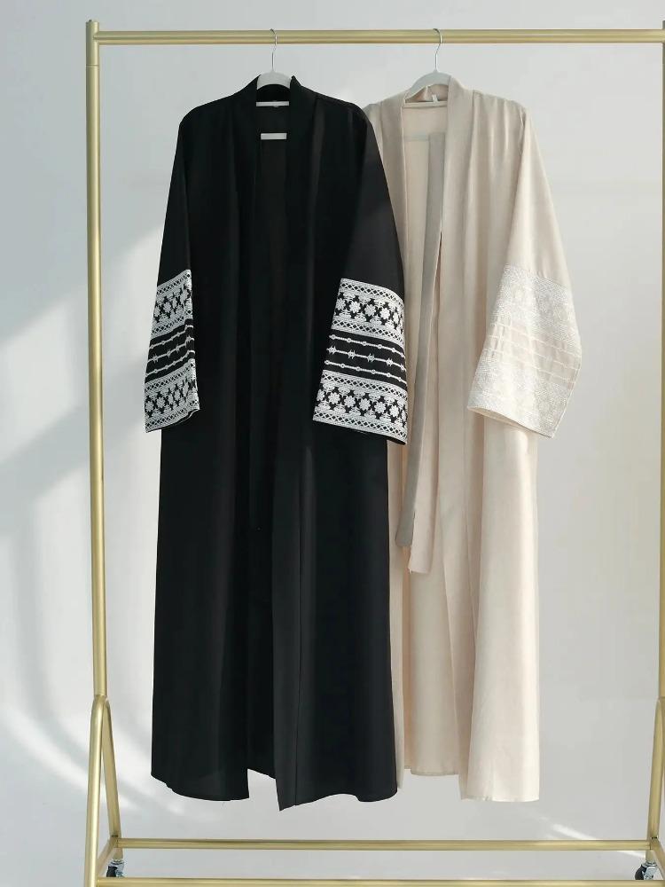 Fashion Embroidery Kimono Oversized Muslim Robe Syari Female Full Length Muslim Outerwear Worship Service Abaya With Belt Wy1946