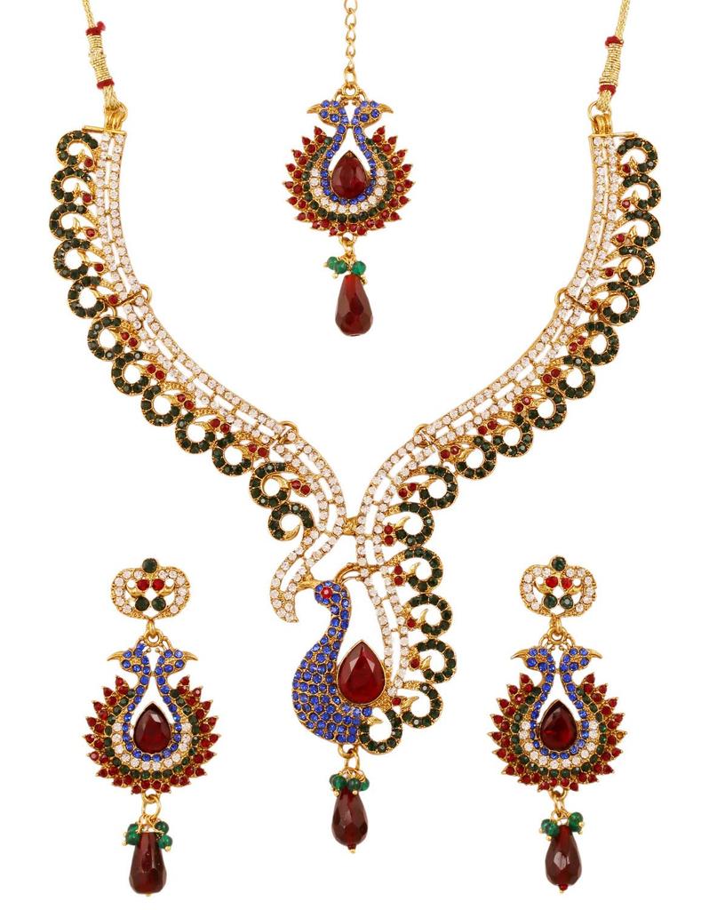 Touchstone Indian Bollywood Peacock Minakari Blue Red White Bridal Jewelry Necklace Set Antique Gold