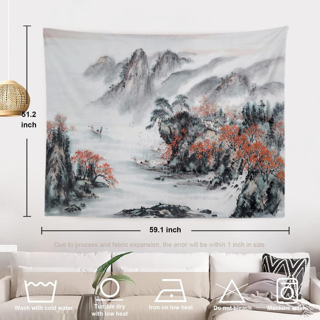 Rosa Kirschblüten Chinesische Landschaftsmalerei China Blüte Picknickmatte Hippie Trippy Wandteppich Wandkunst Dekor für Schlafzimmer Wohnzimmer