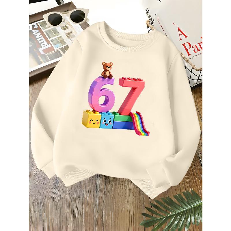 Kids Unisex Crewneck Sweatshirt, 3D Building Block Number 67 Cute Bear Rainbow Slide Print Soft Long Sleeve Pullover For Boys Girls Over 4 Years Old