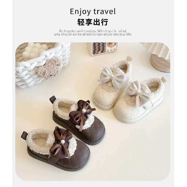 Children's Cotton Shoes Winter New Style Girls' Fleece-Lined Warm Baby Shoes Little Girls' Bowknot Princess Cotton Boots Trendy