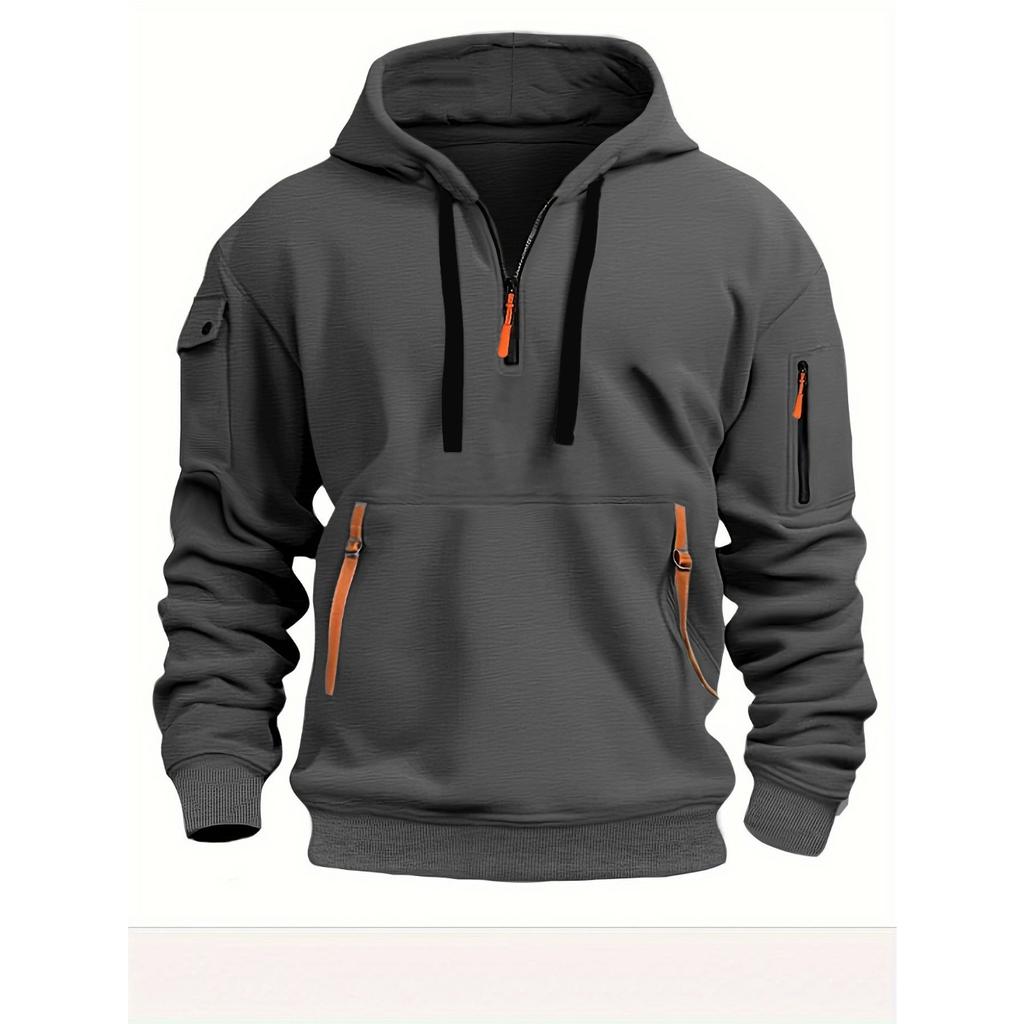 Felpa con Cappuccio da Uomo Primavera Autunno con Zip e Tasche Multiple con Collo - Giacca Sportiva e Casual da Uomo