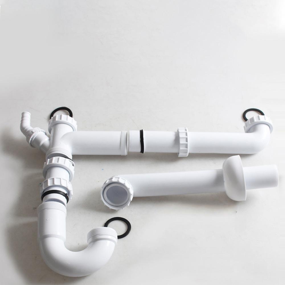 GR012 Double Basin Sink PP White Hard Pipe Groundwater Connection Left Right Adjustable Drain Kit Utility Laundry Wash Station