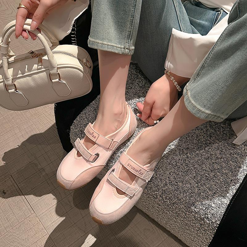 Color Matching Leather Inner Height Increase Cm Pair of Velcro Soft-soled Ballet Single Shoes Mary Jane Sports Style Casual Shoes Women