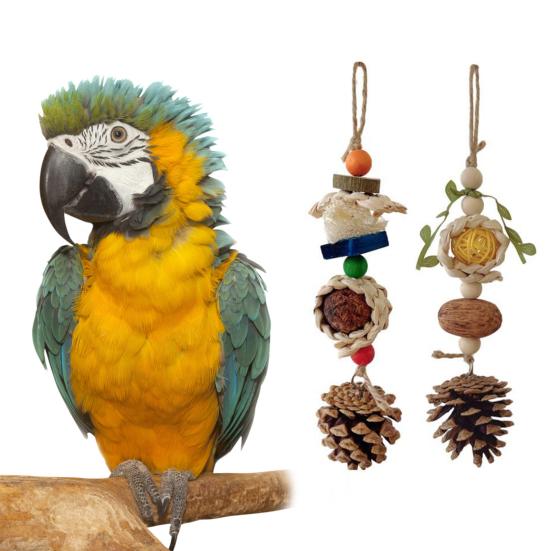 Yousheng Bird Chew Toy Pine Cone Design Hook with Lanyard Bite-Resistant Easy to Hang Relieve Boredom Natural Pet Parrot Bird Chewing Toy with Rattan