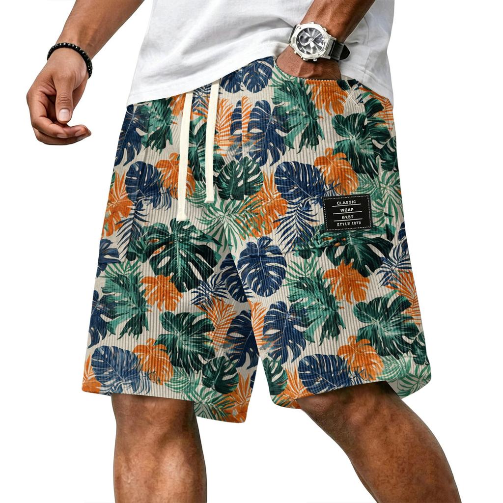 Men's Casual Corduroy Drawstring Shorts Hawaiian Style Tropical Leaf Print Lightweight Comfortable Fit