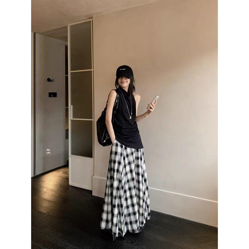 Kumikumi Design Sense Stand Collar Solid Vest Top Women Summer Slimming Plaid Skirt Long Dress