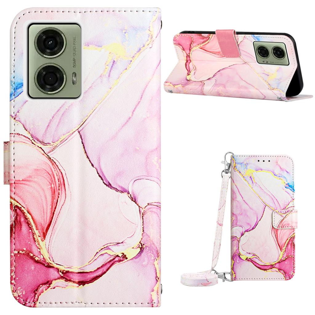 For Motorola Moto E14 4G/G04 4G/G04s 4G/G24 4G Leather Case with Shoulder Strap Marble Pattern Phone Stand Cover