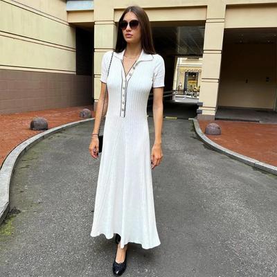 Trendix Abito Elegante in Maglia da Donna Moda Manica Corta Patchwork Abiti Lunghi Femme High Street Vintage Abito da Sera in Maglia