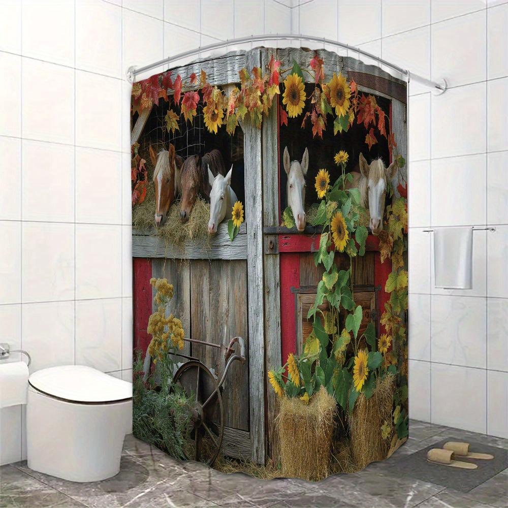 Rustic Barn Horse Shower Curtain -Waterproof,Mildew-Resistant With Sunflower And Autumn Leaf Design For Farmhouse Bathroom Decor