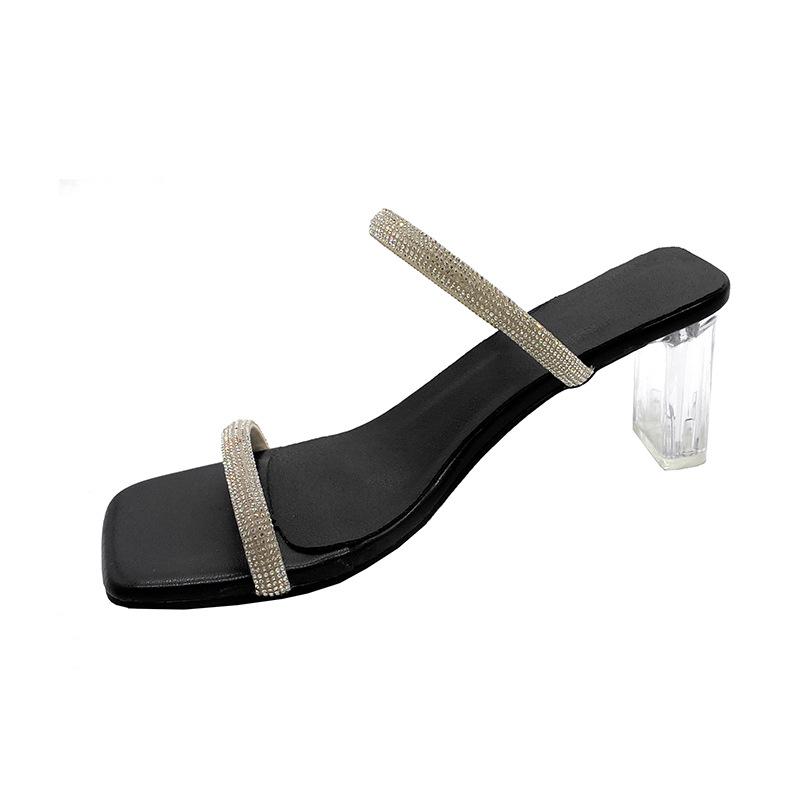 2025 summer new feng shui diamond one-word slippers large size crystal thick heel square head cool slippers