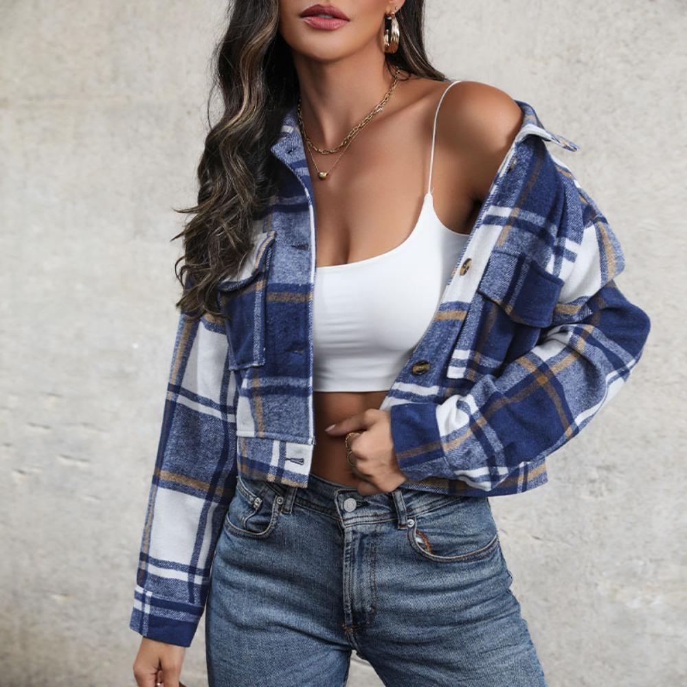 Women's Point Collar Long Sleeve Shacket Loose Fit Retro Fashion Plaid Jacket