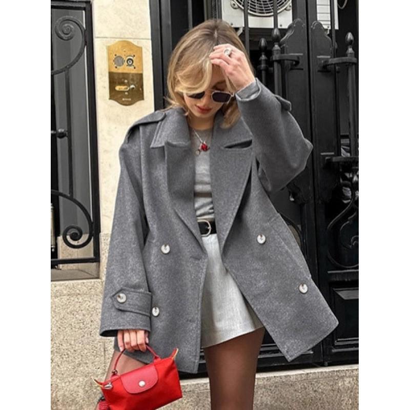 Womens French Style Gray Wool Blend Blazer 2026 Elegant Loose Mid-Length Coat Office Commute