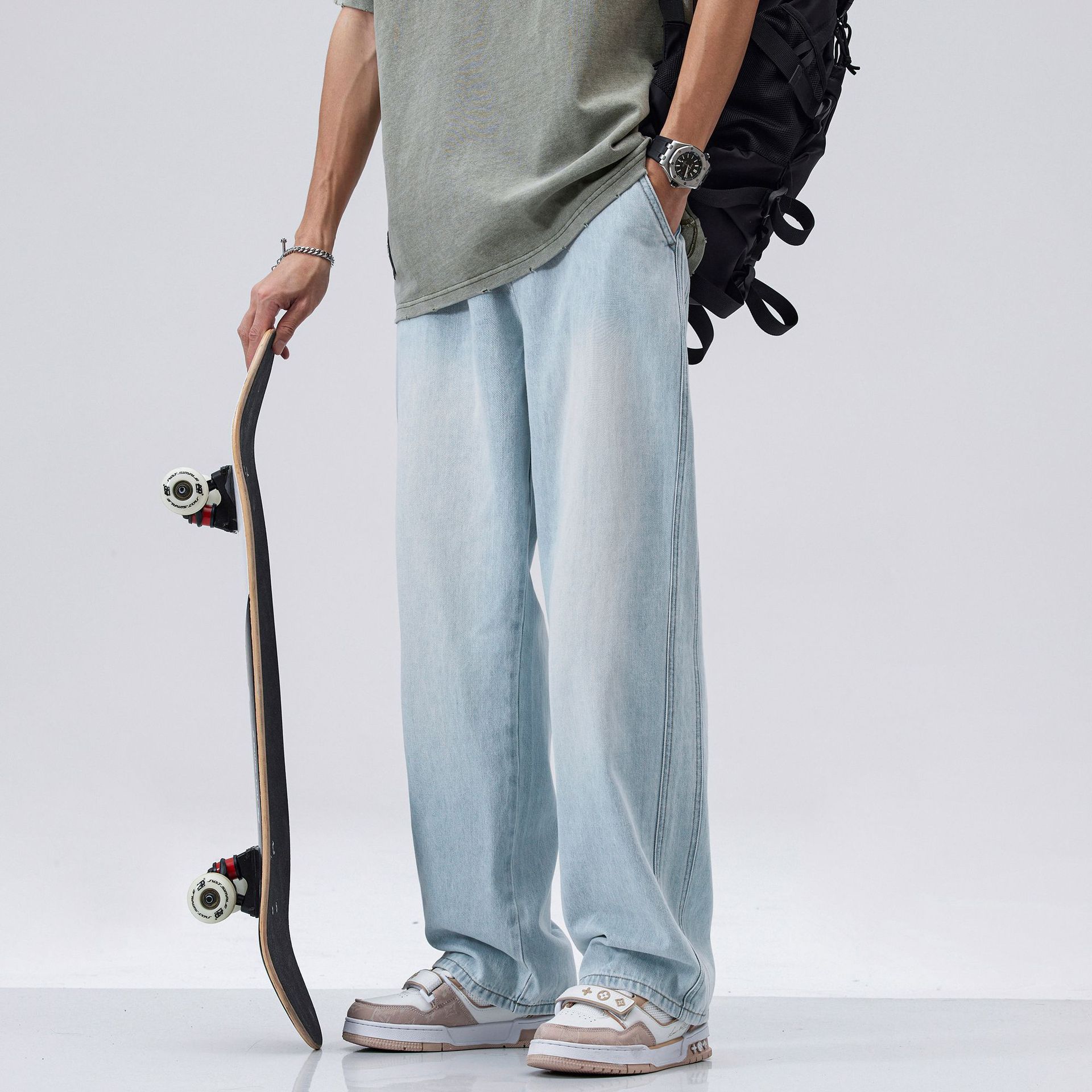 

Летние Новые Джинсы Светло-Голубого Цвета Моппинг Повседневные Длинные Брюки 4XL