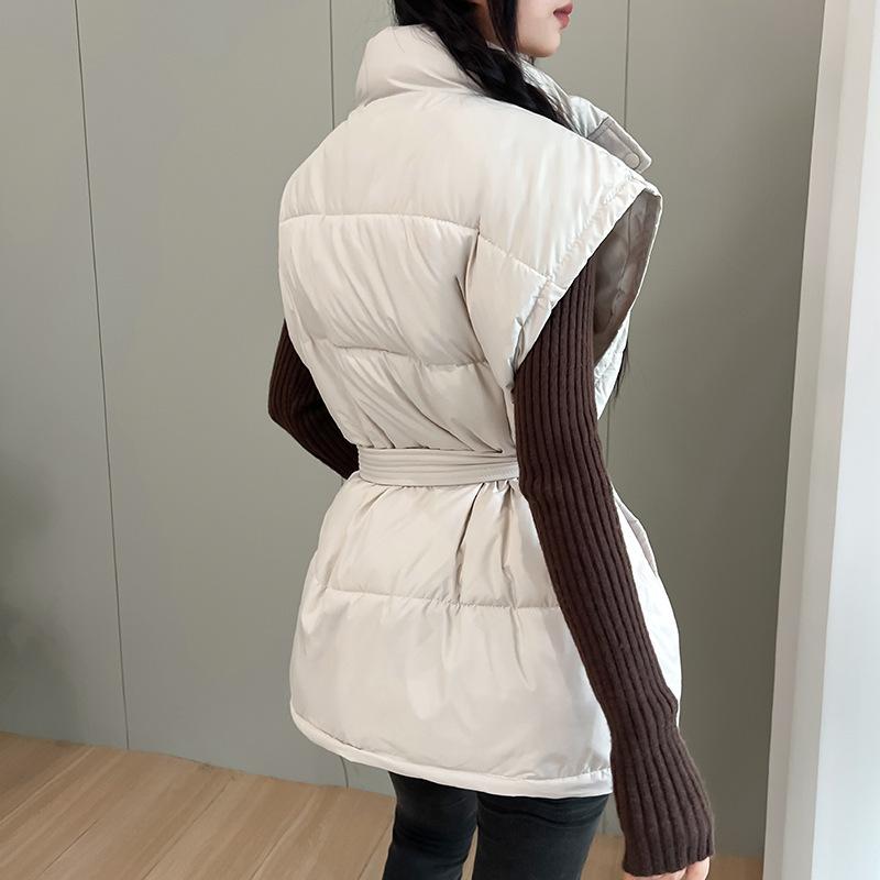 Damen Herbst Winter Weste Mantel Lässig Schlank Ärmellos Stehkragen Weste mit Gürtel Damen Verdicken Warme Weste Jacken