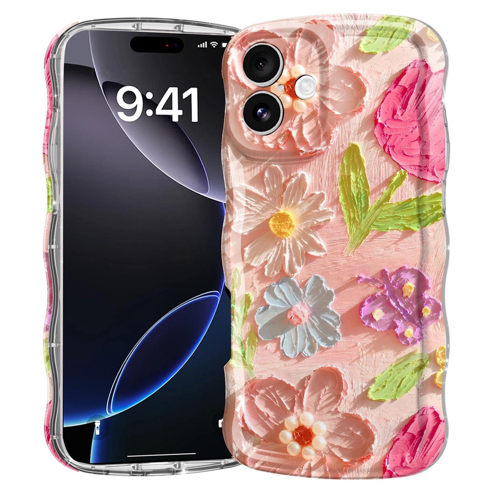 

For iPhone 16 Plus Case Curly Wave Frame Floral IMD TPU Phone Cover E