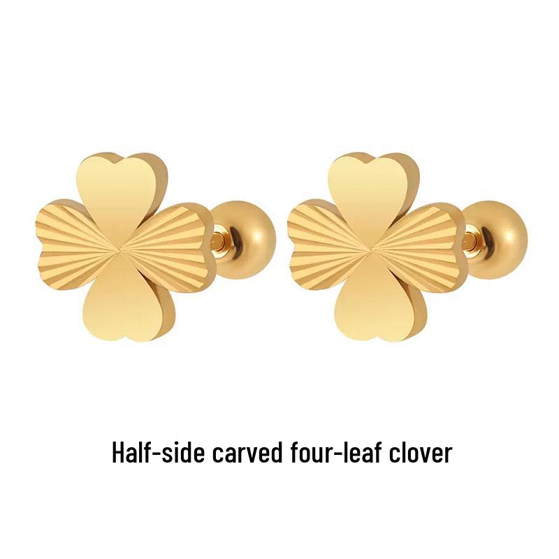 Korean Style Laser-Etched Four-Leaf Clover Heart Ear Studs - Fashionable Titanium Steel Earrings for Women