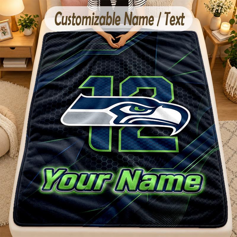 Flannel BlanketSeattle Seahawks Custom Name Text Personalized Soft Warm Throw Blanket Home Decor Gift