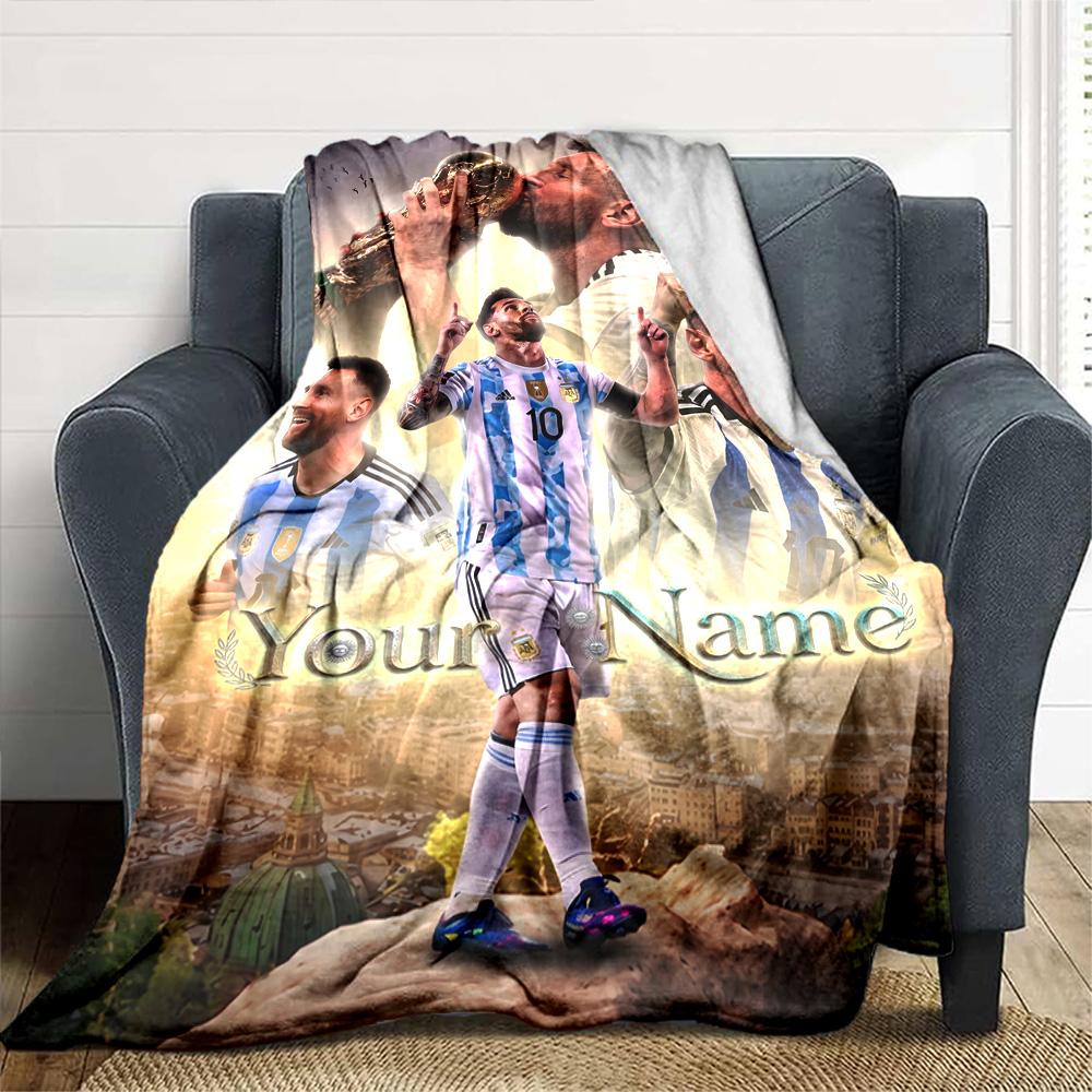 Football Messi Customize Your Name Blanket Gift Personalized Blanket Soft Warm Cozy for Office Office Chair Seaside Nap All-Season Use