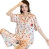 Strawberry Print Summer Thin Ice Silk Pajamas Girls Short Sleeves Trousers Wind Cardigan Lapel Loungewear Real Shot