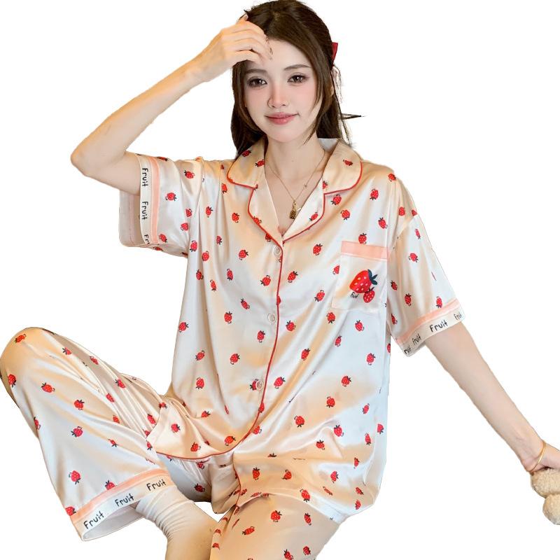 Strawberry Print Summer Thin Ice Silk Pajamas Girls Short Sleeves Trousers Wind Cardigan Lapel Loungewear Real Shot