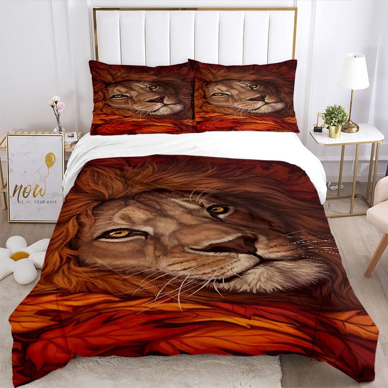 3pcs Lion, Autumn Leaves Bedding Set - 1 Duvet Cover + 2 Pillowcases(Core Not Included), Machine Washable Polyester yy251216142