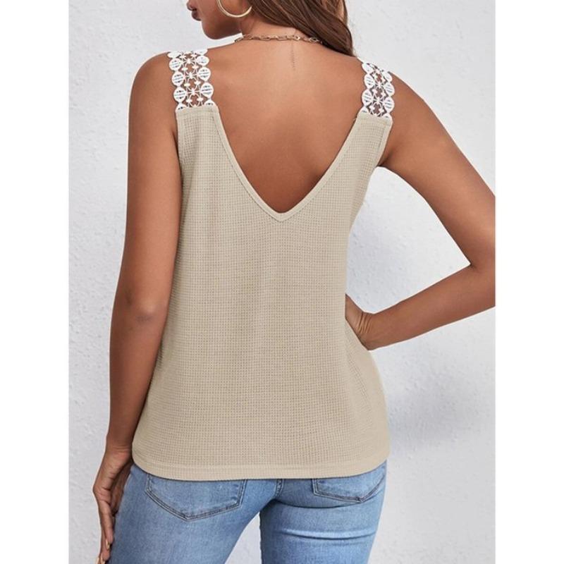 Womens Waffle Knit V Neck Tank Top With Lace Trim Sleeveless Casual Solid Color Camisole