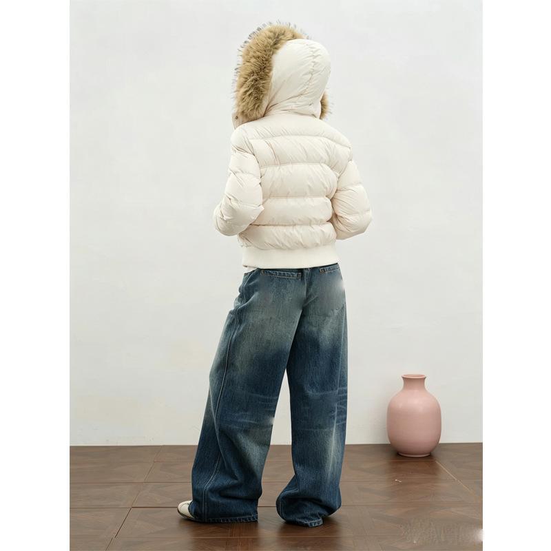 Winter retro fashion hooded fur collar short white duck down jacket new women's winter small coat women