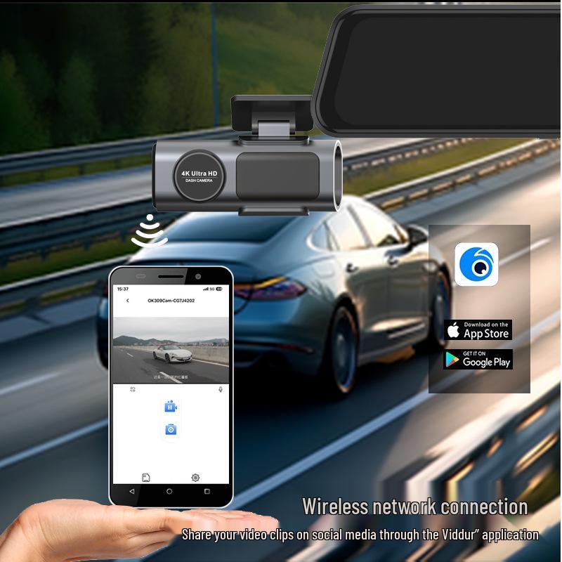 4K Dash Cam with Night Vision, Wireless Phone Connection, Front/Rear Dual Camera, and Reversing Image Monitoring.