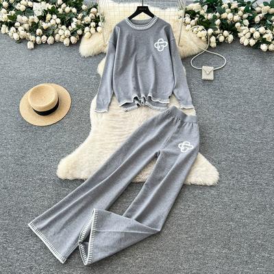 Autunno Inverno Donna Casual Maglia Maglione Pantalone Set Due Pezzi Manica Lunga Pullover Top e Pantalone Gamba Larga Tuta
