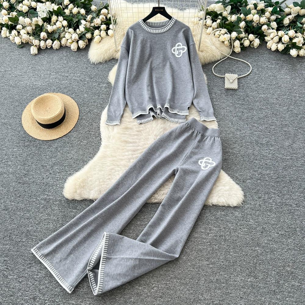 

Осенне-зимний женский повседневный вязаный свитер, брюки, комплект из двух предметов, пуловер с длинным рукавом и брюки с широкими штанинами, спортивный костюм one size fits all серый