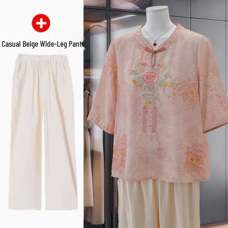 Elegant Summer 2026 Embroidered Cotton Linen Top - Short Sleeve, Breathable, Retro Wear for Mom On Mother's Day