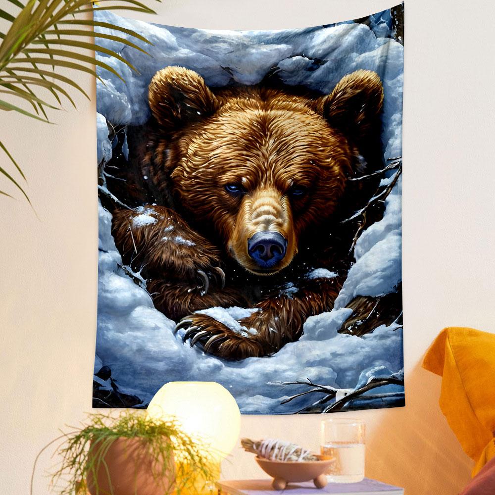 "Brown Bear Resting In Snowy Den" Patterned Tapestry Decorative Wall Hanging, Home Bedroom Living Room Decor