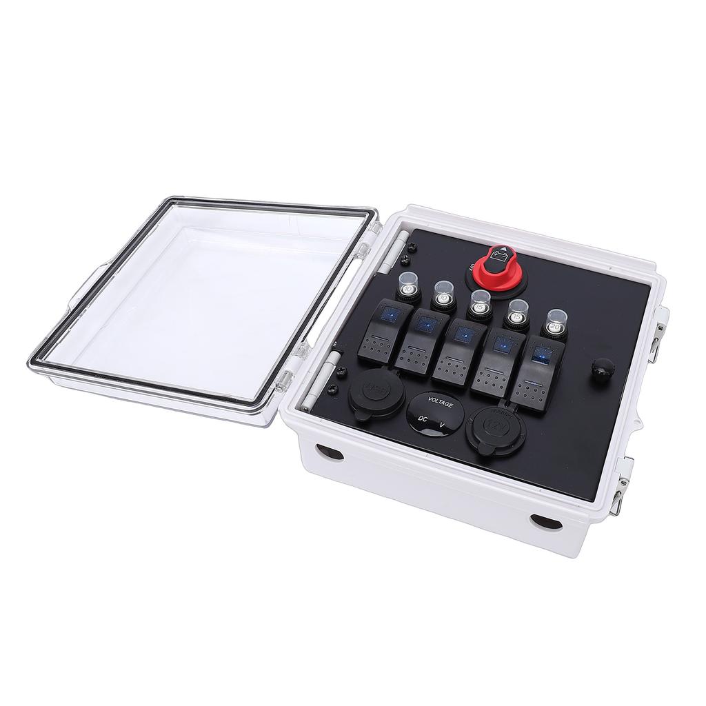 Wasserdichte Box mit Kippschalter 5-fach 3-Positionen LED Kippschalter Panel mit Voltmeter USB-Ladegerät Typ B